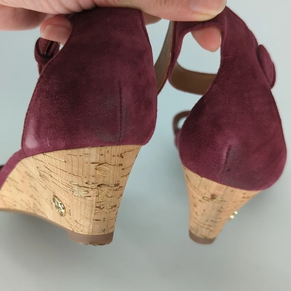 Tory Burch Savannah Suede Cork Wedge Purple 8.5 open toe summer preppy casual
